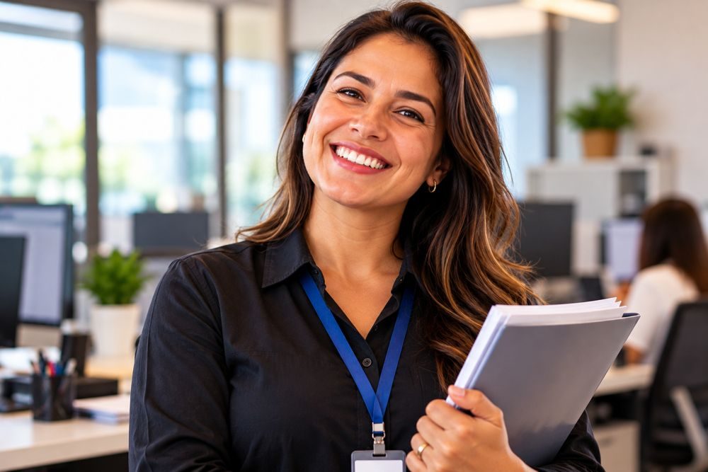 Trabalhadora sorrindo no escritório com crachá