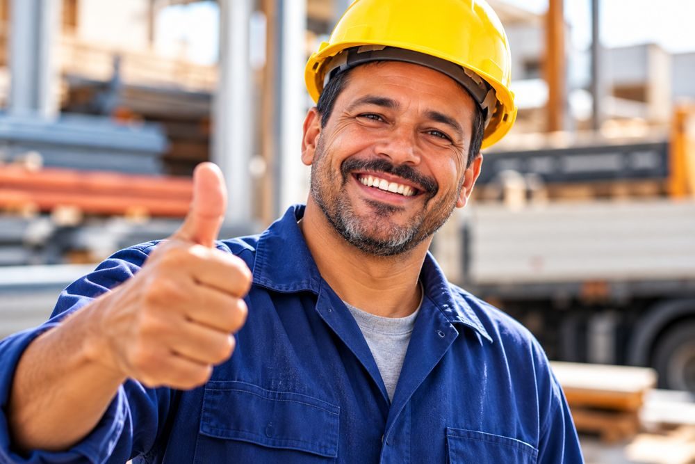 Trabalhador de capacete sorrindo e fazendo sinal de positivo